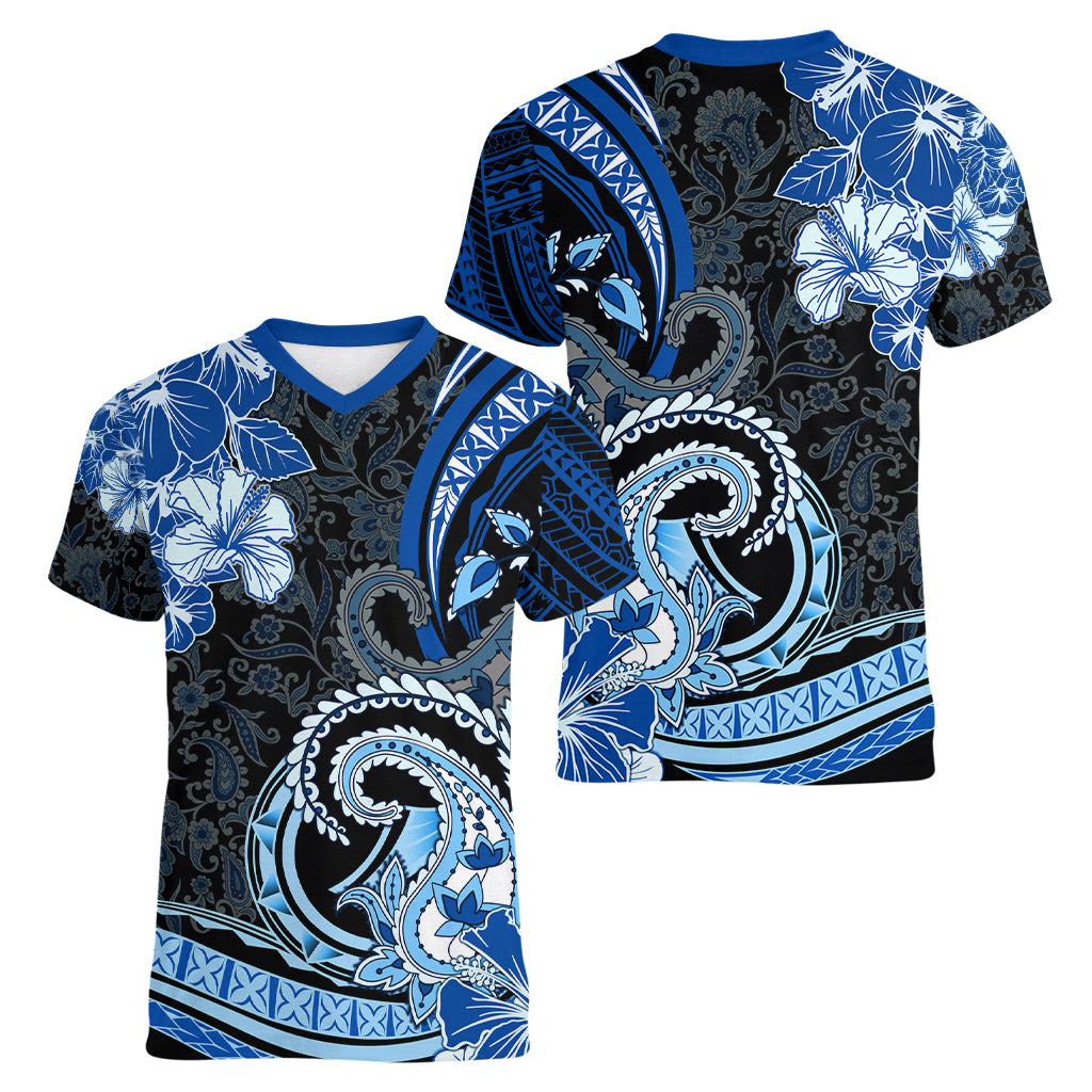 Polynesia Paisley Women V Neck T Shirt Mix Blue Polynesian Pattern LT05 - Polynesian Pride