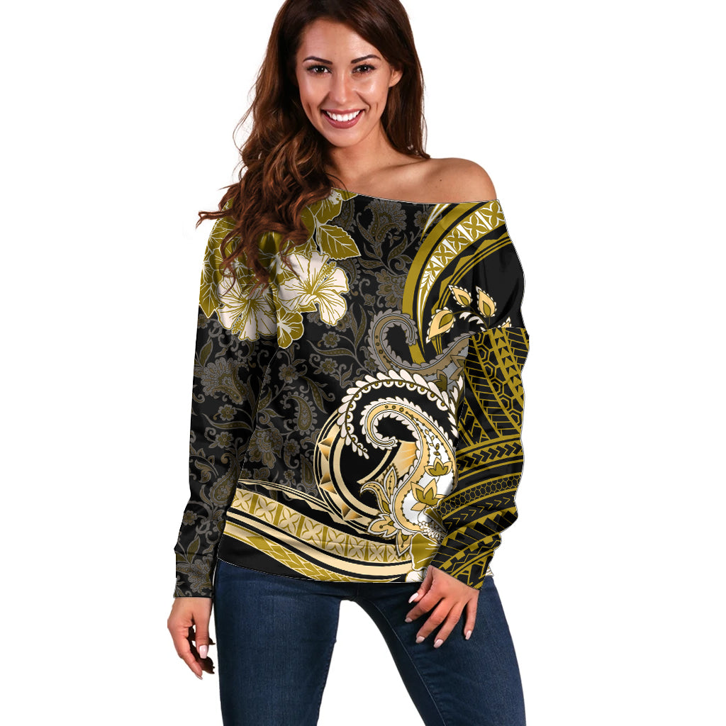 Polynesia Paisley Off Shoulder Sweater Mix Gold Polynesian Pattern LT05 Women Gold - Polynesian Pride