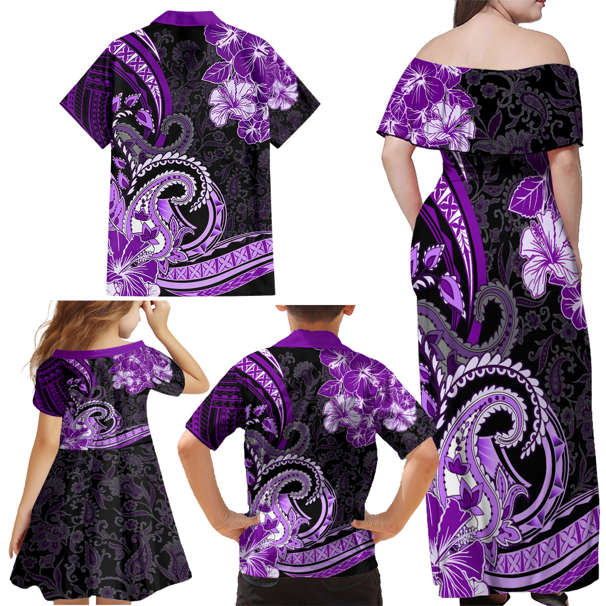 Polynesia Paisley Family Matching Off Shoulder Maxi Dress and Hawaiian Shirt Mix Purple Polynesian Pattern LT05 - Polynesian Pride
