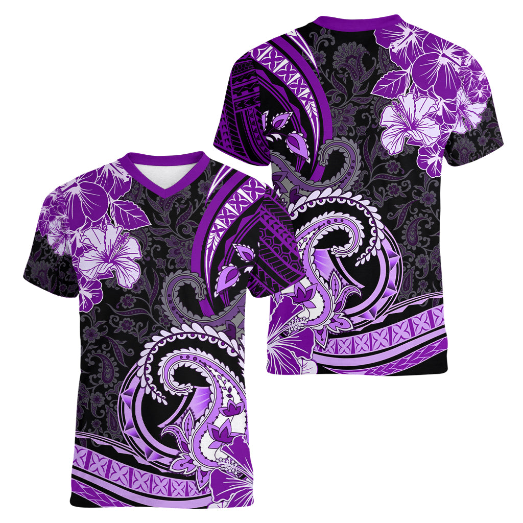 Polynesia Paisley Women V Neck T Shirt Mix Purple Polynesian Pattern LT05 - Polynesian Pride