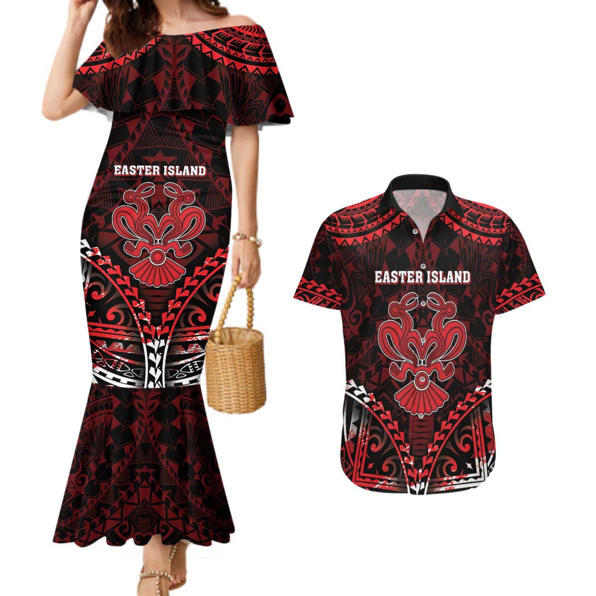 Personalised Easter Island Couples Matching Mermaid Dress and Hawaiian Shirt Polynesian Pattern Emblem LT05 Black - Polynesian Pride