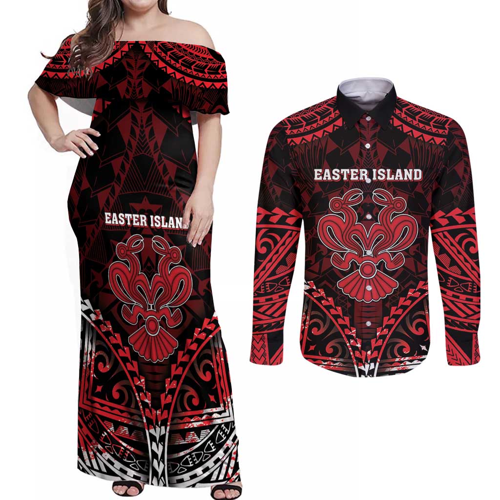 Personalised Easter Island Couples Matching Off Shoulder Maxi Dress and Long Sleeve Button Shirt Polynesian Pattern Emblem LT05 Black - Polynesian Pride
