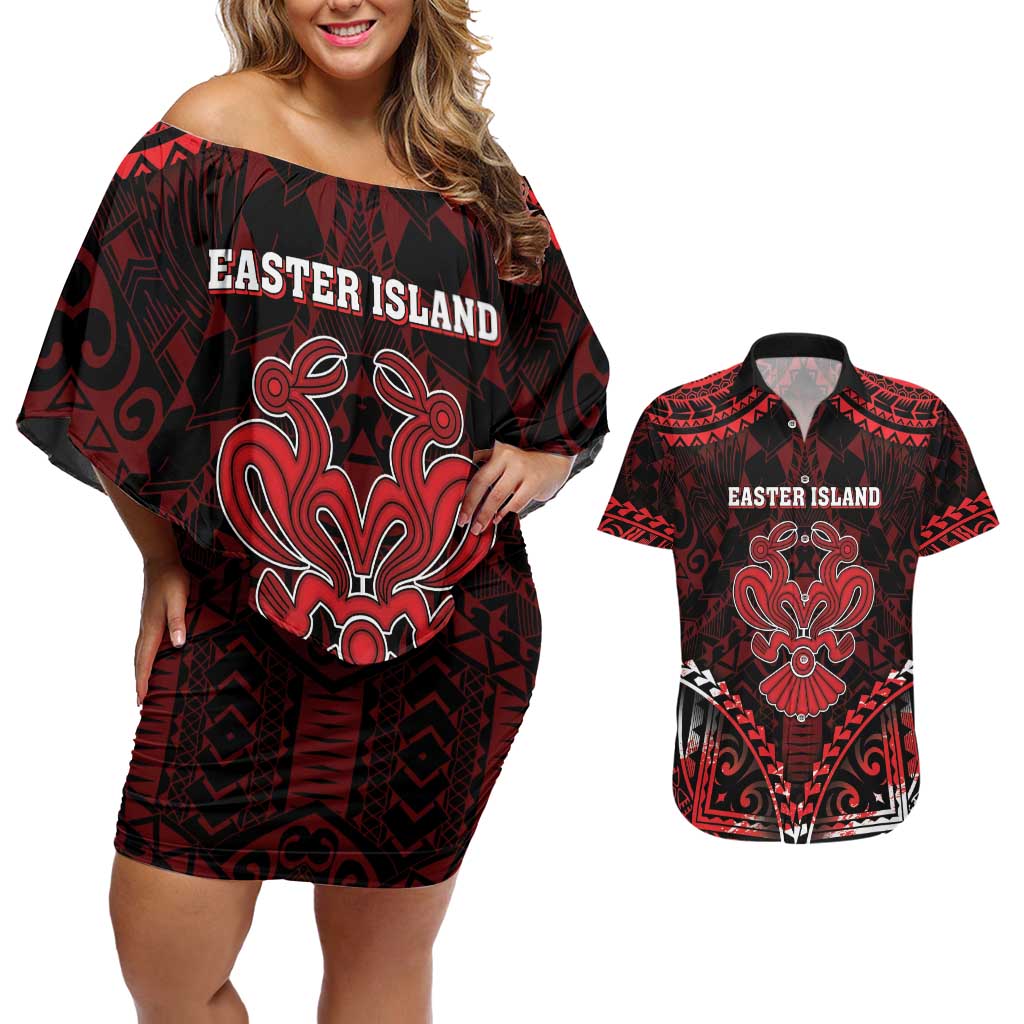 Personalised Easter Island Couples Matching Off Shoulder Short Dress and Hawaiian Shirt Polynesian Pattern Emblem