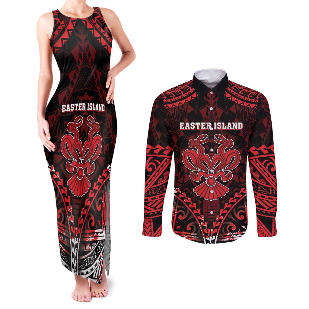 Personalised Easter Island Couples Matching Tank Maxi Dress and Long Sleeve Button Shirt Polynesian Pattern Emblem LT05 Black - Polynesian Pride