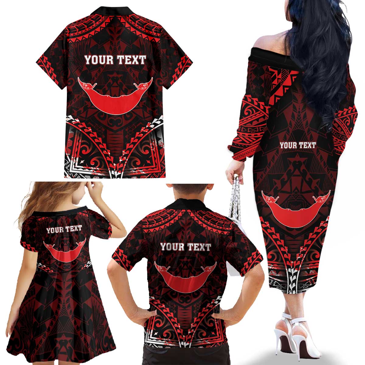 Personalised Easter Island Family Matching Off The Shoulder Long Sleeve Dress and Hawaiian Shirt Polynesian Pattern Emblem LT05 - Polynesian Pride