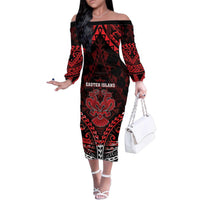 Personalised Easter Island Family Matching Off The Shoulder Long Sleeve Dress and Hawaiian Shirt Polynesian Pattern Emblem LT05 Mom's Dress Black - Polynesian Pride