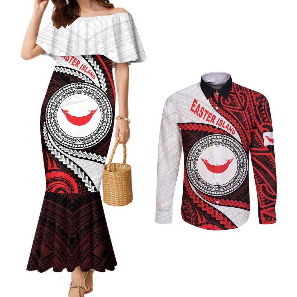 Easter Island Couples Matching Mermaid Dress and Long Sleeve Button Shirt Moai Statues Polynesian Style LT05 Red - Polynesian Pride