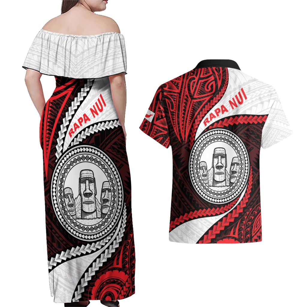 Easter Island Couples Matching Off Shoulder Maxi Dress and Hawaiian Shirt Moai Statues Polynesian Style