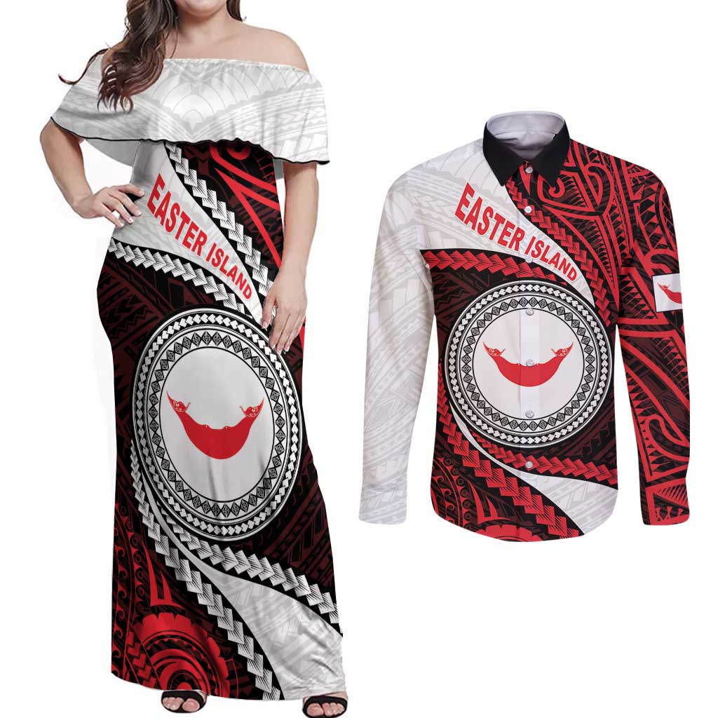 Easter Island Couples Matching Off Shoulder Maxi Dress and Long Sleeve Button Shirt Moai Statues Polynesian Style LT05 Red - Polynesian Pride