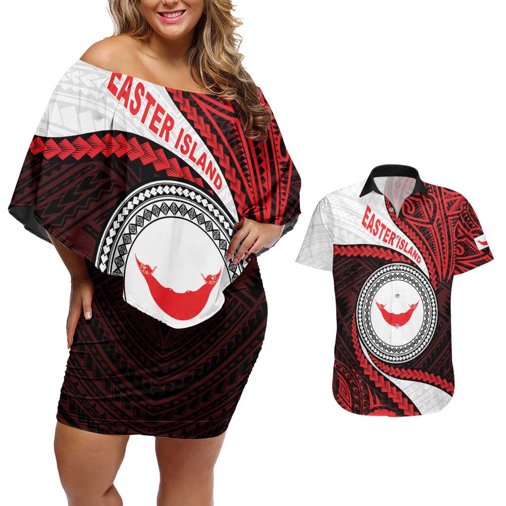 Easter Island Couples Matching Off Shoulder Short Dress and Hawaiian Shirt Moai Statues Polynesian Style