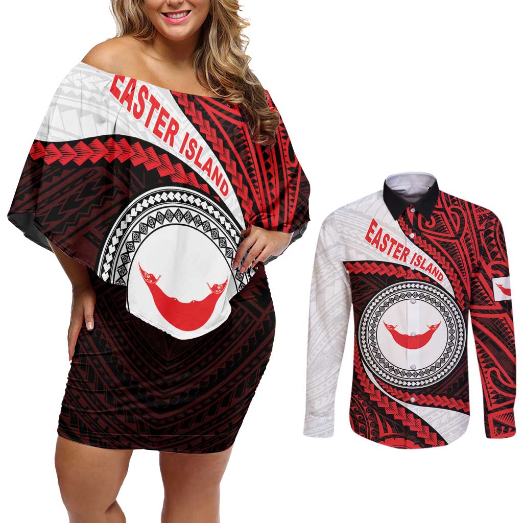 Easter Island Couples Matching Off Shoulder Short Dress and Long Sleeve Button Shirt Moai Statues Polynesian Style LT05 Red - Polynesian Pride