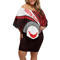 Easter Island Family Matching Off Shoulder Short Dress and Hawaiian Shirt Moai Statues Polynesian Style