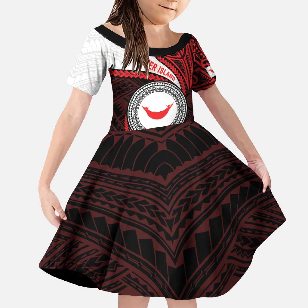 Easter Island Family Matching Short Sleeve Bodycon Dress and Hawaiian Shirt Moai Statues Polynesian Style LT05 Daughter's Dress Red - Polynesian Pride