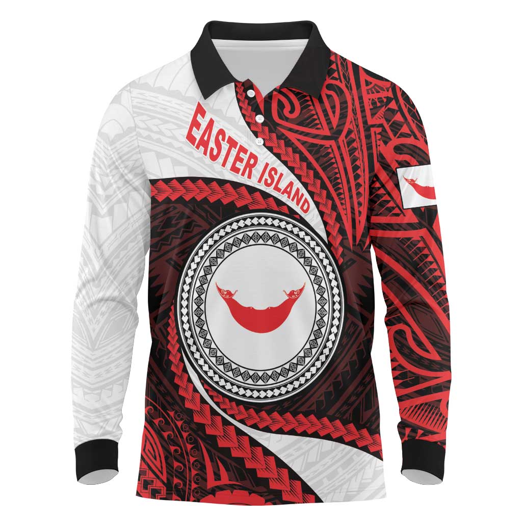 Easter Island Long Sleeve Polo Shirt Moai Statues Polynesian Style LT05 Red - Polynesian Pride