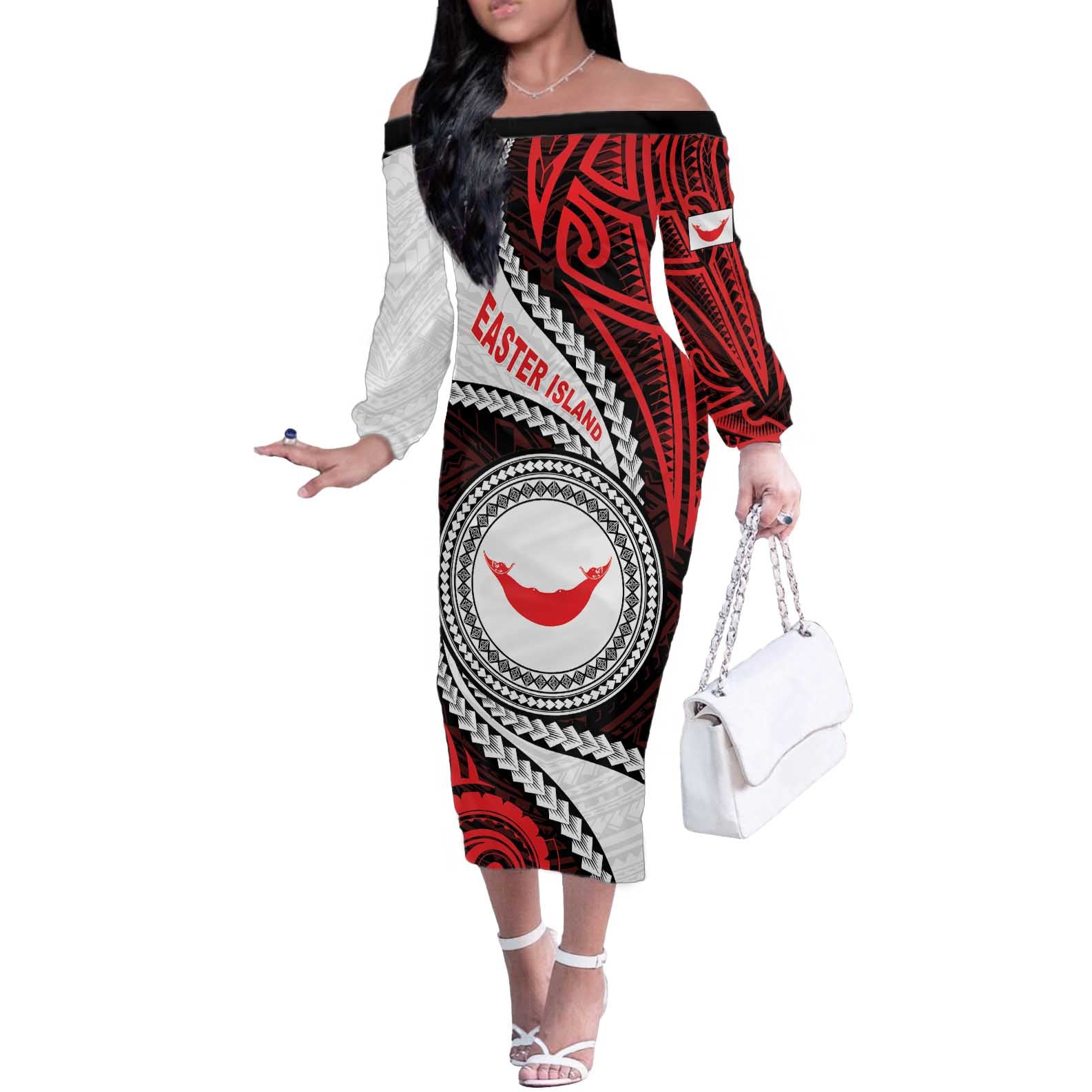 Easter Island Off The Shoulder Long Sleeve Dress Moai Statues Polynesian Style