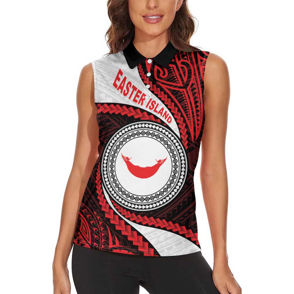 Easter Island Women Sleeveless Polo Shirt Moai Statues Polynesian Style