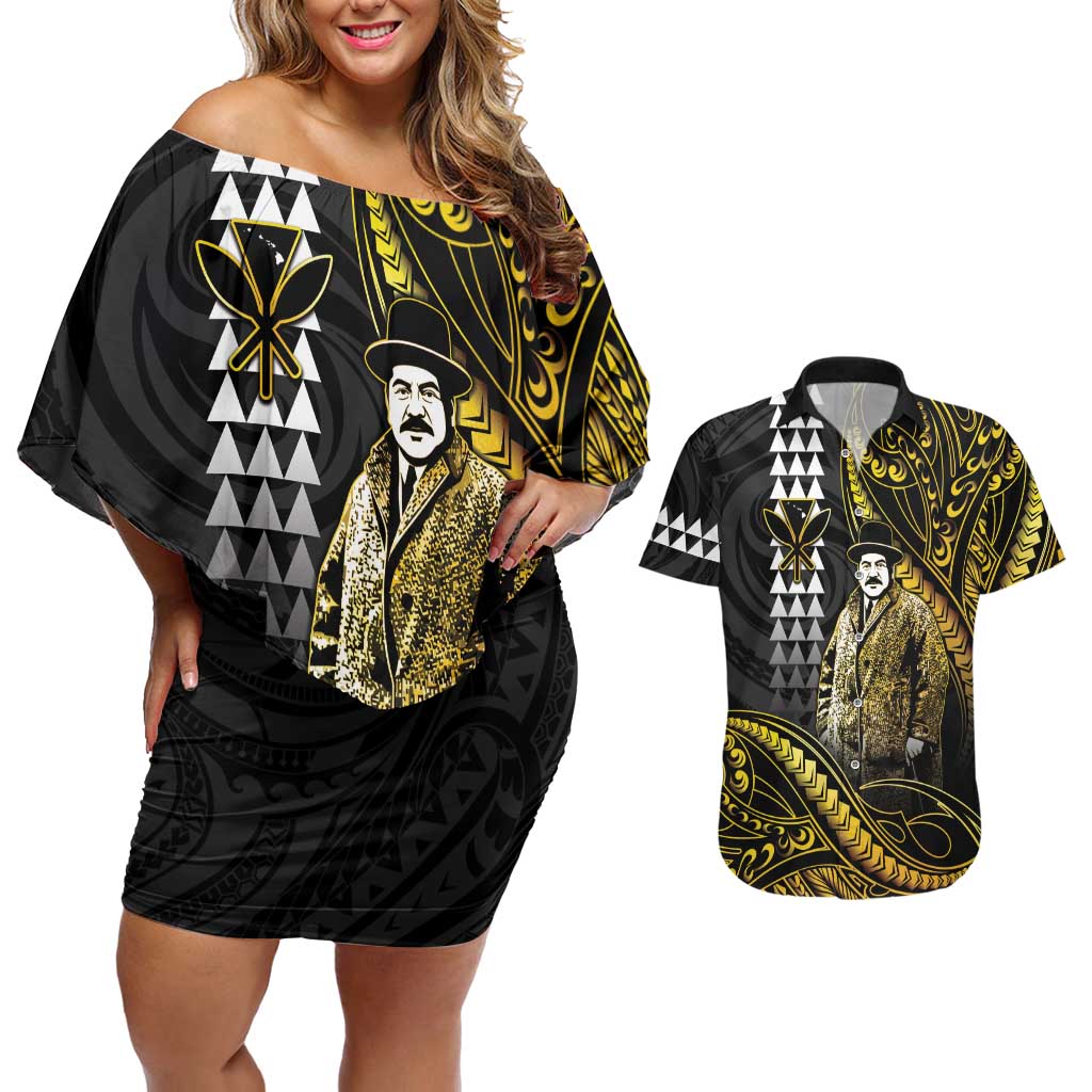 Hawaii Kuhio The Citizen Prince Couples Matching Off Shoulder Short Dress and Hawaiian Shirt Gold Polynesian Tribal Tattoo