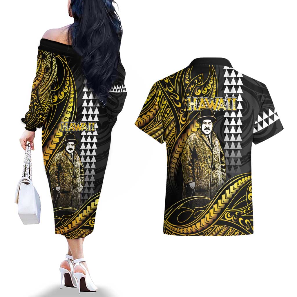 Hawaii Kuhio The Citizen Prince Couples Matching Off The Shoulder Long Sleeve Dress and Hawaiian Shirt Gold Polynesian Tribal Tattoo