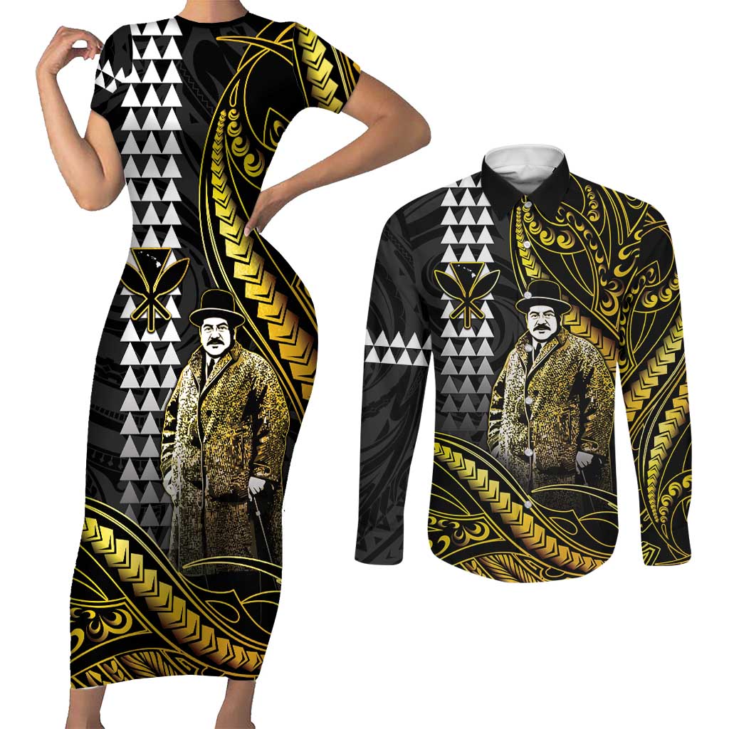 Hawaii Kuhio The Citizen Prince Couples Matching Short Sleeve Bodycon Dress and Long Sleeve Button Shirt Gold Polynesian Tribal Tattoo