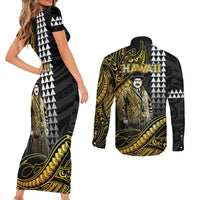 Hawaii Kuhio The Citizen Prince Couples Matching Short Sleeve Bodycon Dress and Long Sleeve Button Shirt Gold Polynesian Tribal Tattoo