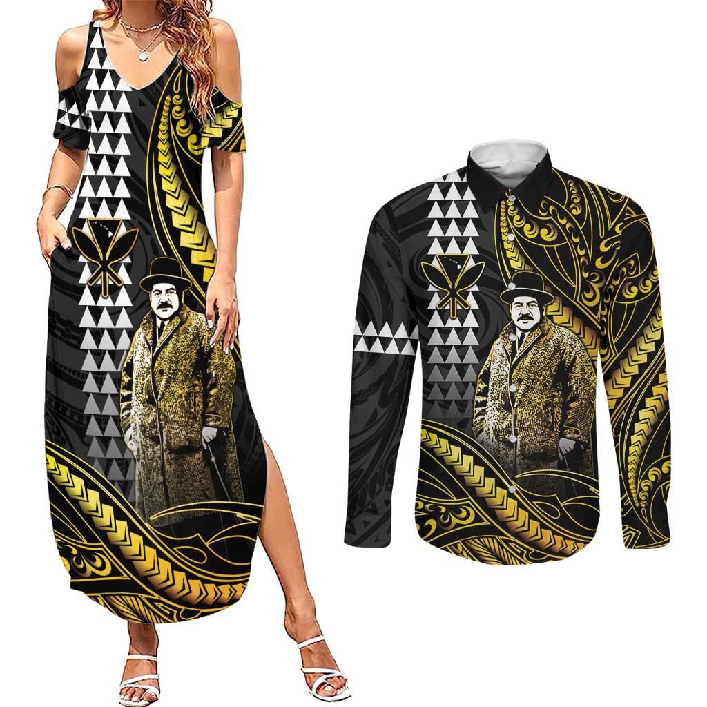 Hawaii Kuhio The Citizen Prince Couples Matching Summer Maxi Dress and Long Sleeve Button Shirt Gold Polynesian Tribal Tattoo