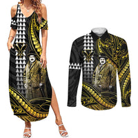 Hawaii Kuhio The Citizen Prince Couples Matching Summer Maxi Dress and Long Sleeve Button Shirt Gold Polynesian Tribal Tattoo