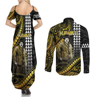 Hawaii Kuhio The Citizen Prince Couples Matching Summer Maxi Dress and Long Sleeve Button Shirt Gold Polynesian Tribal Tattoo