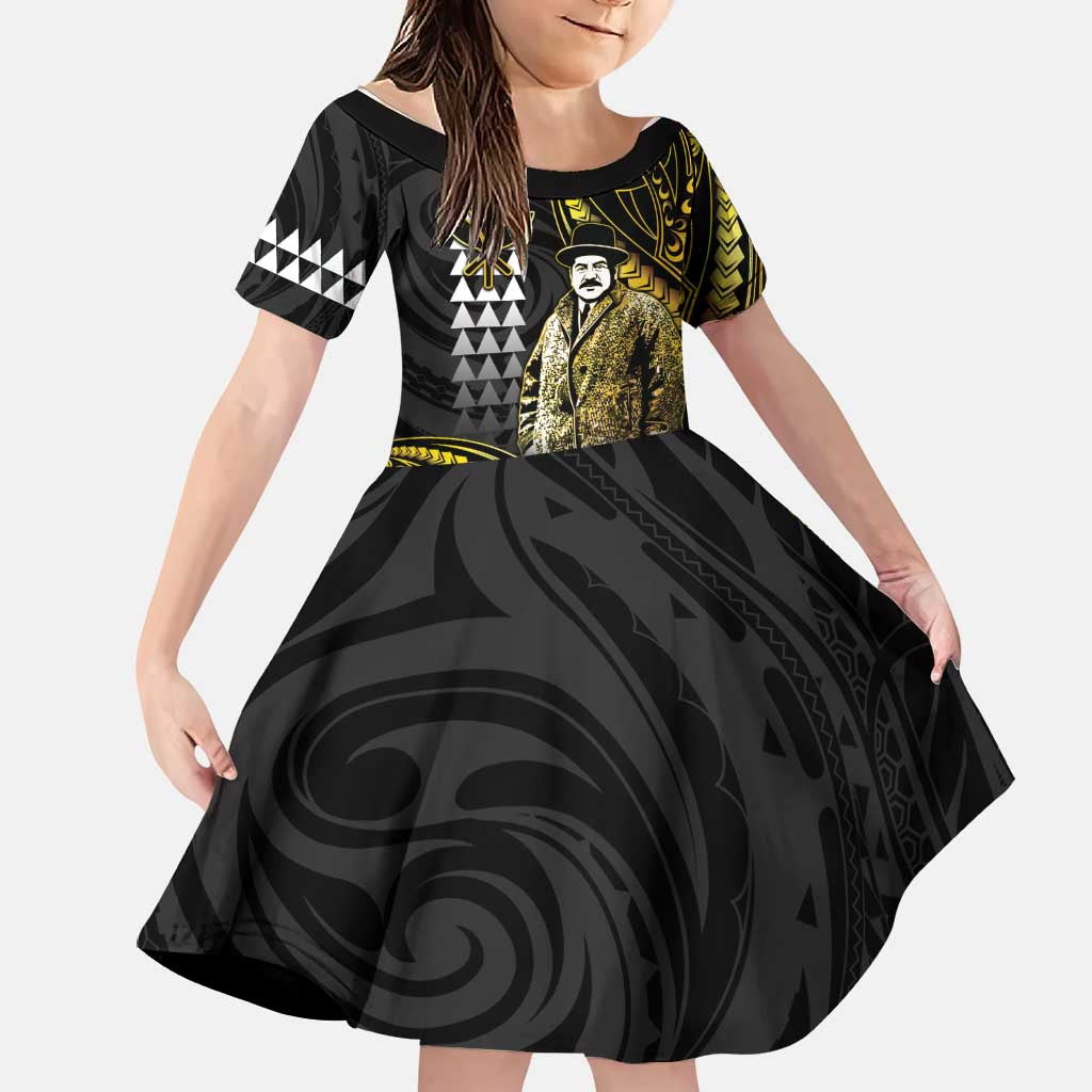 Hawaii Kuhio The Citizen Prince Family Matching Puletasi and Hawaiian Shirt Gold Polynesian Tribal Tattoo LT05 Daughter's Dress Gold - Polynesian Pride