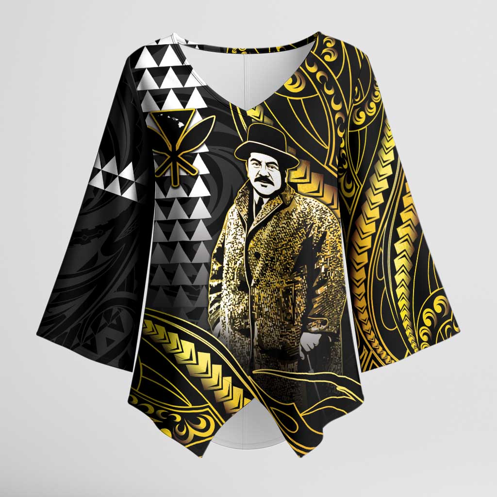 Hawaii Kuhio The Citizen Prince Kimono Sleeve Blouse Gold Polynesian Tribal Tattoo