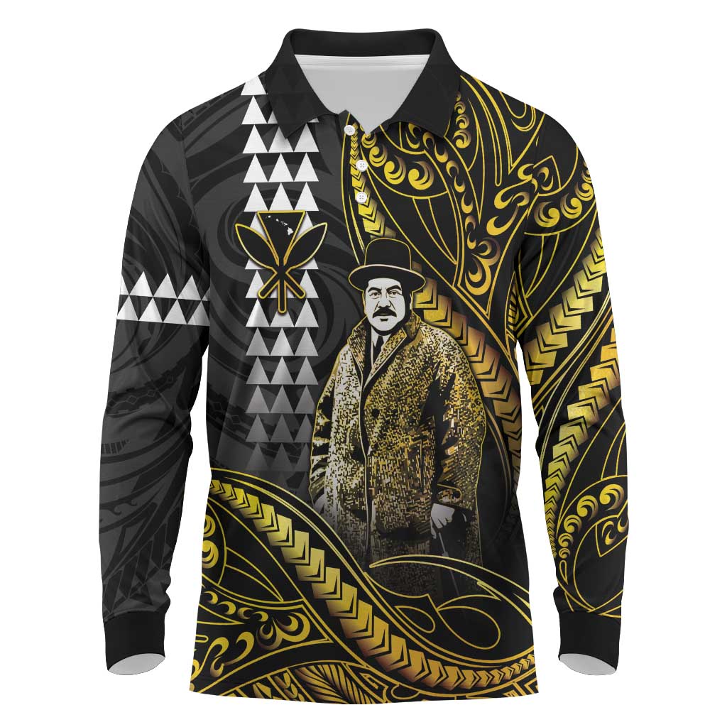 Hawaii Kuhio The Citizen Prince Long Sleeve Polo Shirt Gold Polynesian Tribal Tattoo