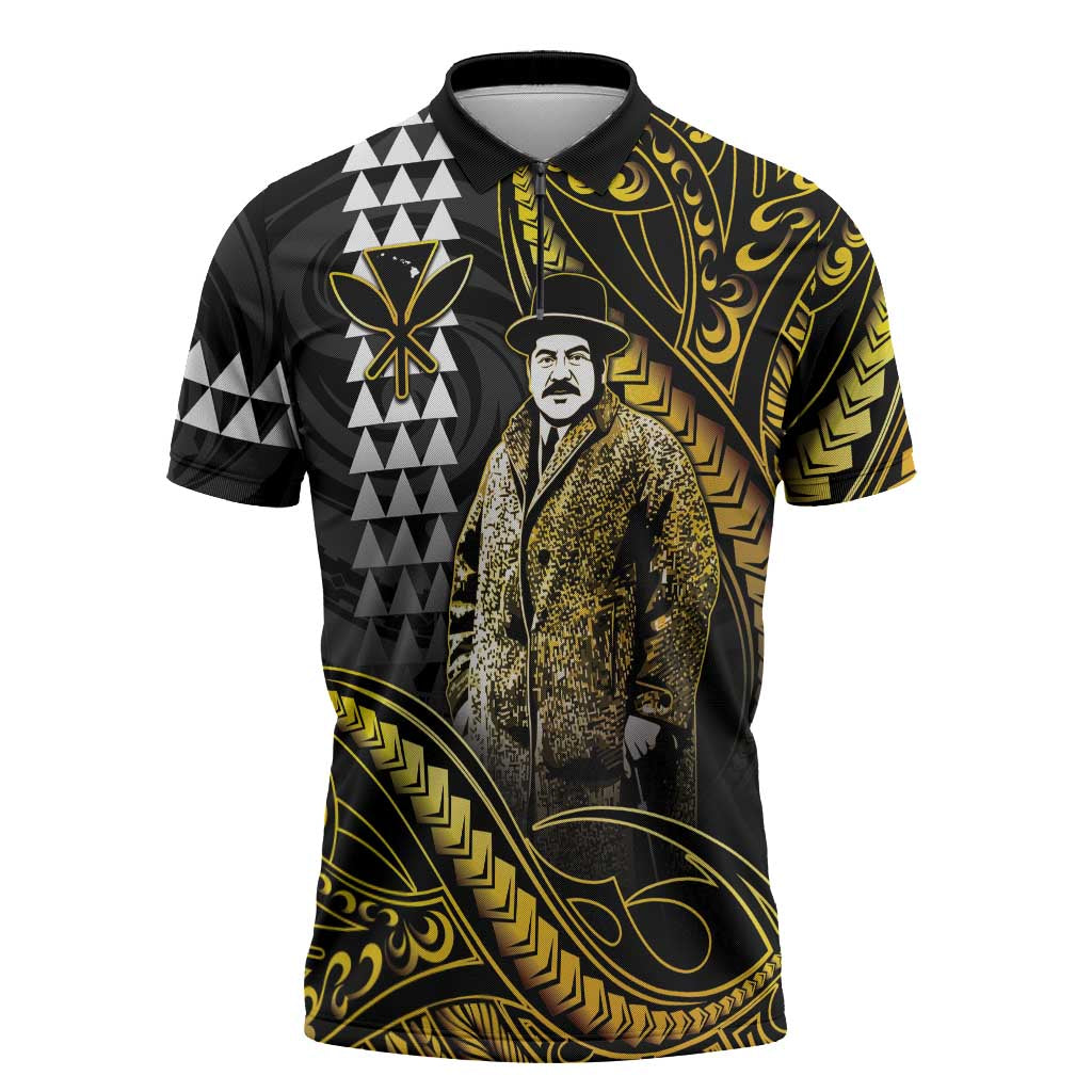 Hawaii Kuhio The Citizen Prince Zipper Polo Shirt Gold Polynesian Tribal Tattoo