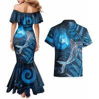 New Zealand Matariki Couples Matching Mermaid Dress and Hawaiian Shirt Maori Koru With Humpback Whale Blue