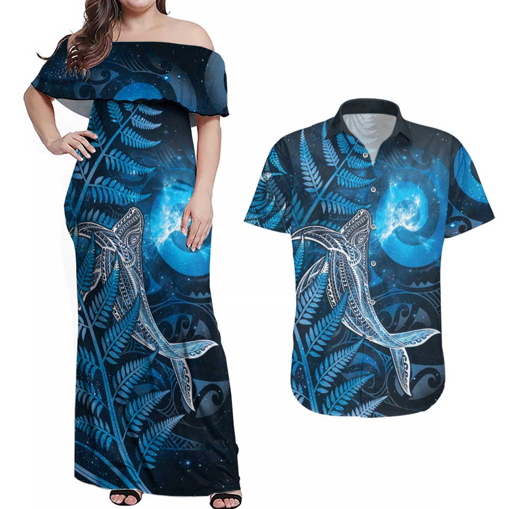 New Zealand Matariki Couples Matching Off Shoulder Maxi Dress and Hawaiian Shirt Maori Koru With Humpback Whale Blue