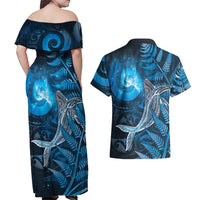 New Zealand Matariki Couples Matching Off Shoulder Maxi Dress and Hawaiian Shirt Maori Koru With Humpback Whale Blue
