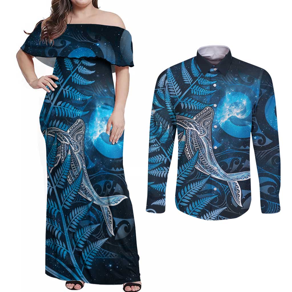 New Zealand Matariki Couples Matching Off Shoulder Maxi Dress and Long Sleeve Button Shirt Maori Koru With Humpback Whale Blue