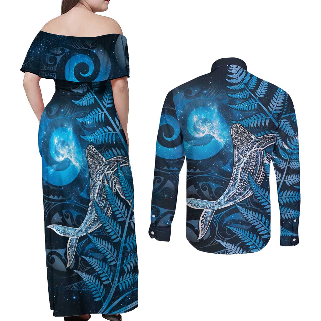 New Zealand Matariki Couples Matching Off Shoulder Maxi Dress and Long Sleeve Button Shirt Maori Koru With Humpback Whale Blue