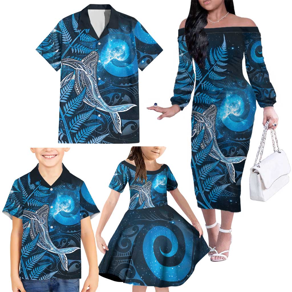 New Zealand Matariki Family Matching Off The Shoulder Long Sleeve Dress and Hawaiian Shirt Maori Koru With Humpback Whale Blue LT05 - Polynesian Pride