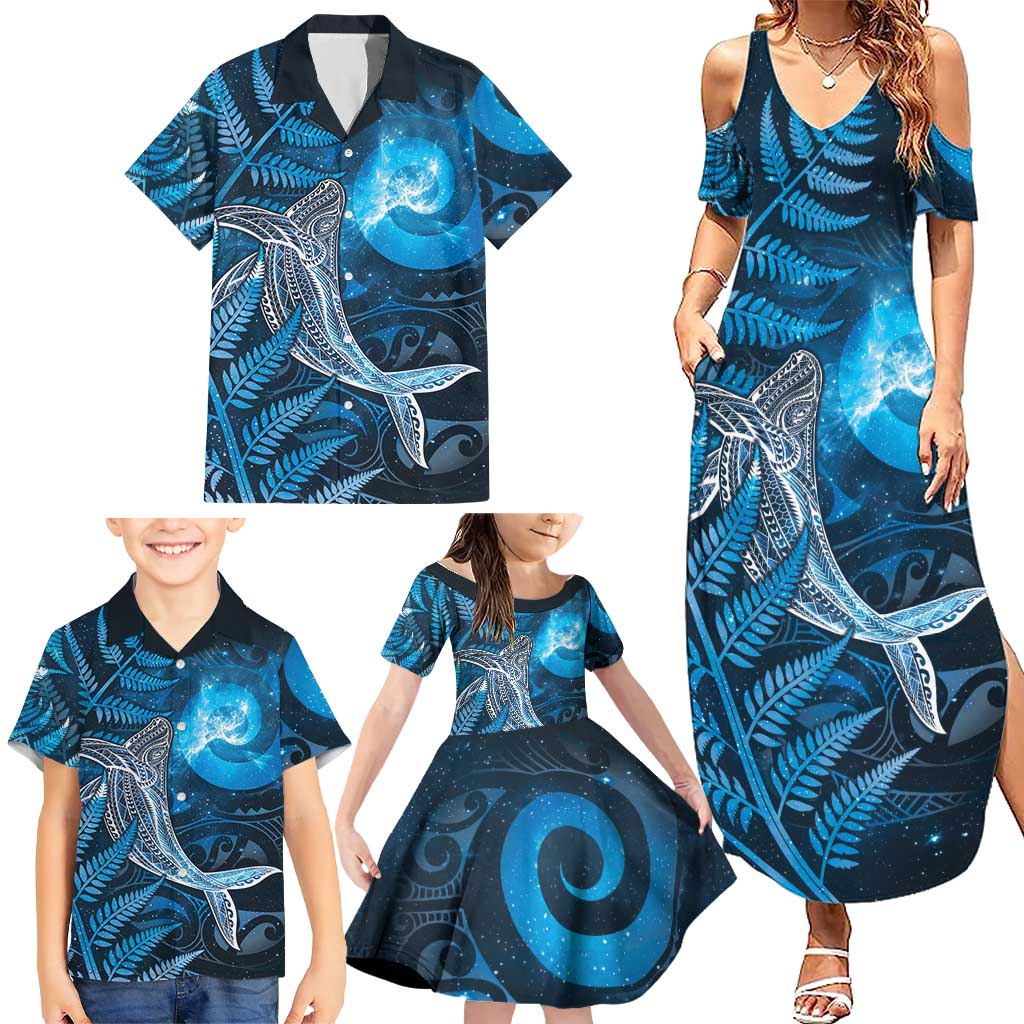 New Zealand Matariki Family Matching Summer Maxi Dress and Hawaiian Shirt Maori Koru With Humpback Whale Blue