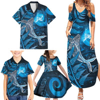 New Zealand Matariki Family Matching Summer Maxi Dress and Hawaiian Shirt Maori Koru With Humpback Whale Blue