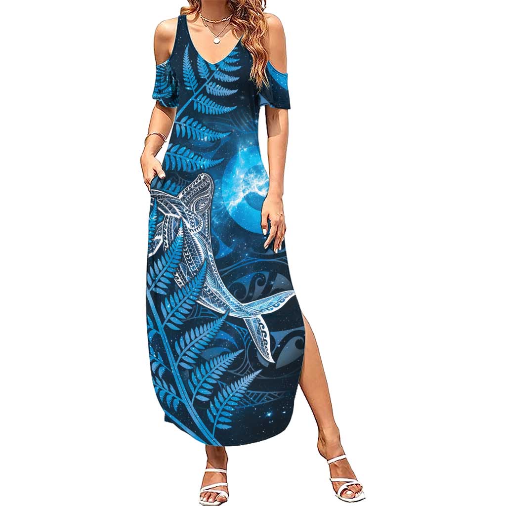 New Zealand Matariki Family Matching Summer Maxi Dress and Hawaiian Shirt Maori Koru With Humpback Whale Blue