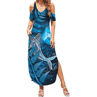 New Zealand Matariki Family Matching Summer Maxi Dress and Hawaiian Shirt Maori Koru With Humpback Whale Blue