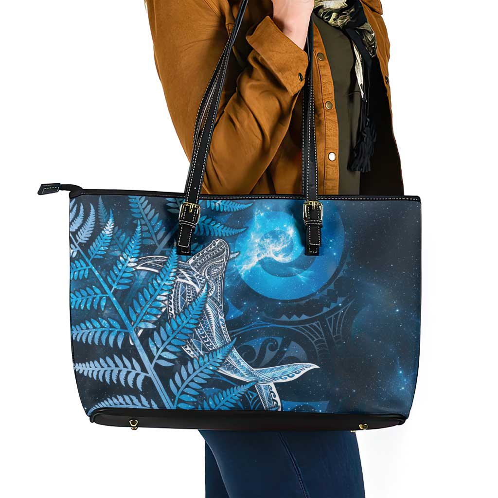 New Zealand Matariki Leather Tote Bag Maori Koru With Humpback Whale Blue LT05 - Polynesian Pride