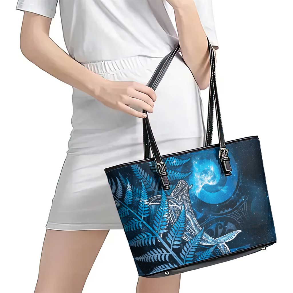 New Zealand Matariki Leather Tote Bag Maori Koru With Humpback Whale Blue LT05 - Polynesian Pride