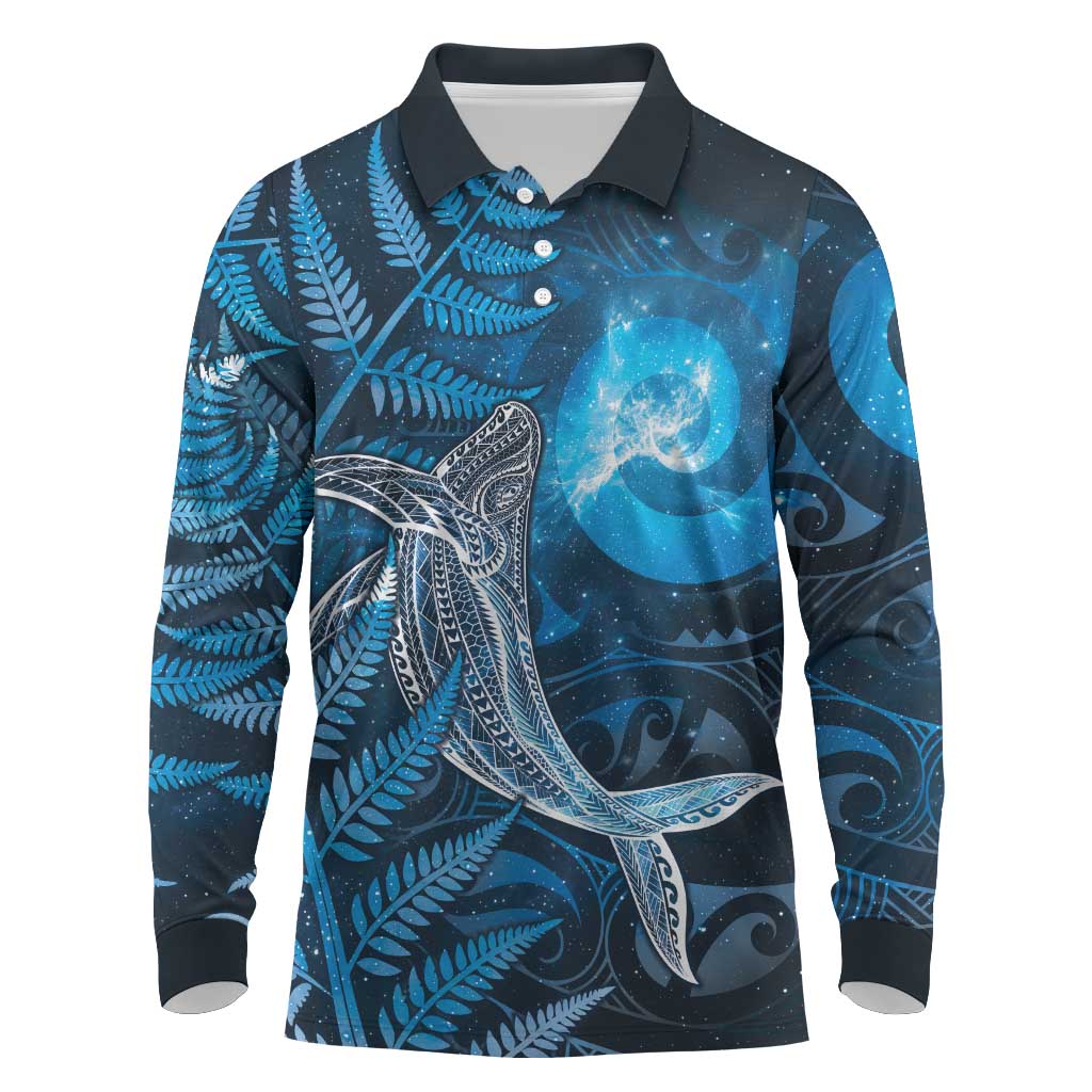 New Zealand Matariki Long Sleeve Polo Shirt Maori Koru With Humpback Whale Blue
