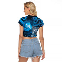 New Zealand Matariki Raglan Cropped T Shirt Maori Koru With Humpback Whale Blue LT05 - Polynesian Pride