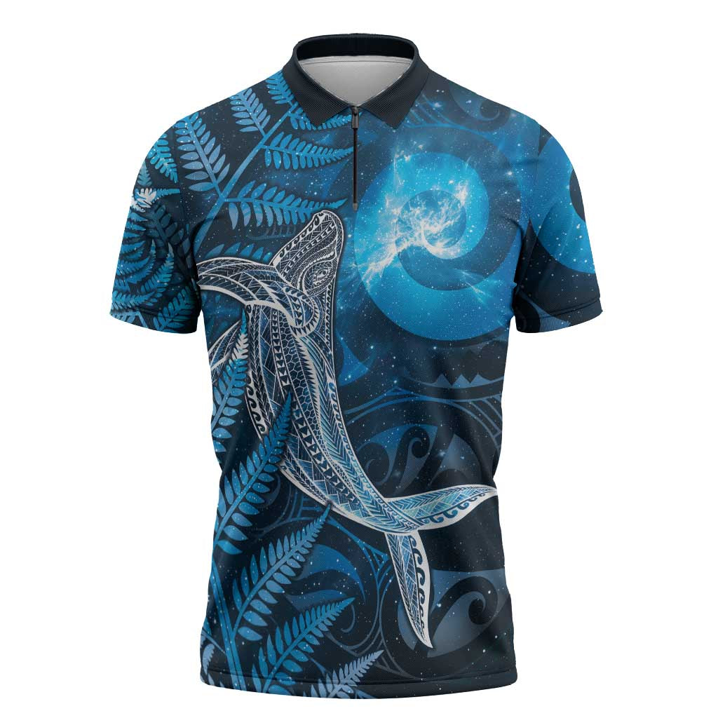 New Zealand Matariki Zipper Polo Shirt Maori Koru With Humpback Whale Blue