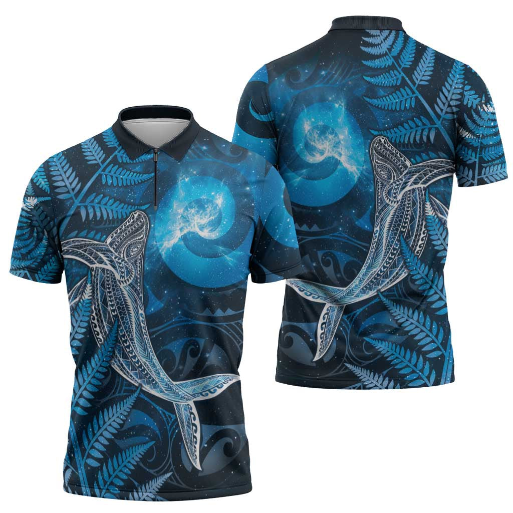 New Zealand Matariki Zipper Polo Shirt Maori Koru With Humpback Whale Blue