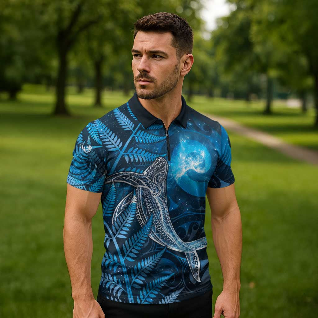New Zealand Matariki Zipper Polo Shirt Maori Koru With Humpback Whale Blue