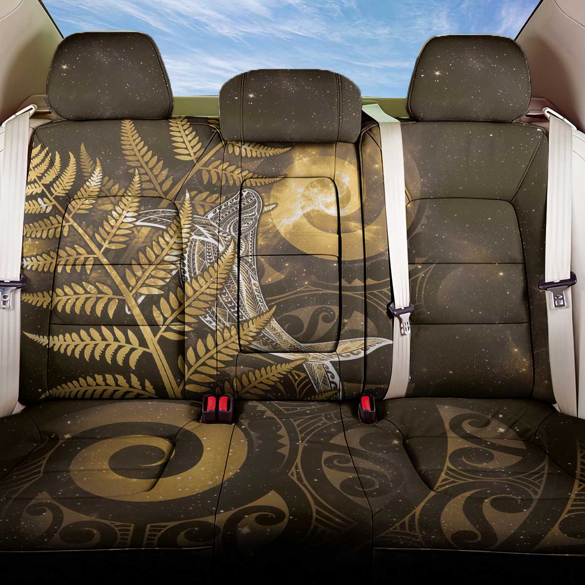New Zealand Matariki Back Car Seat Cover Maori Koru With Humpback Whale Gold
