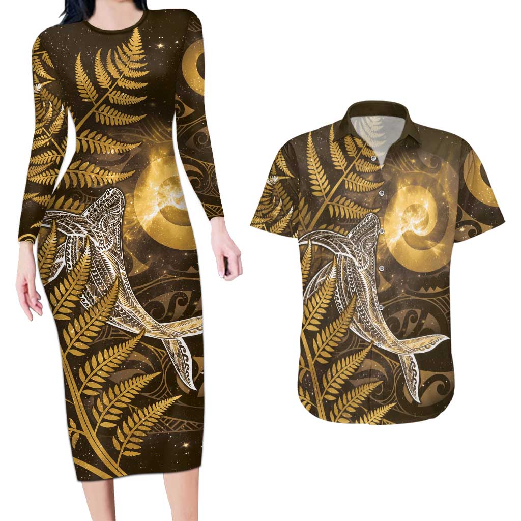New Zealand Matariki Couples Matching Long Sleeve Bodycon Dress and Hawaiian Shirt Maori Koru With Humpback Whale Gold